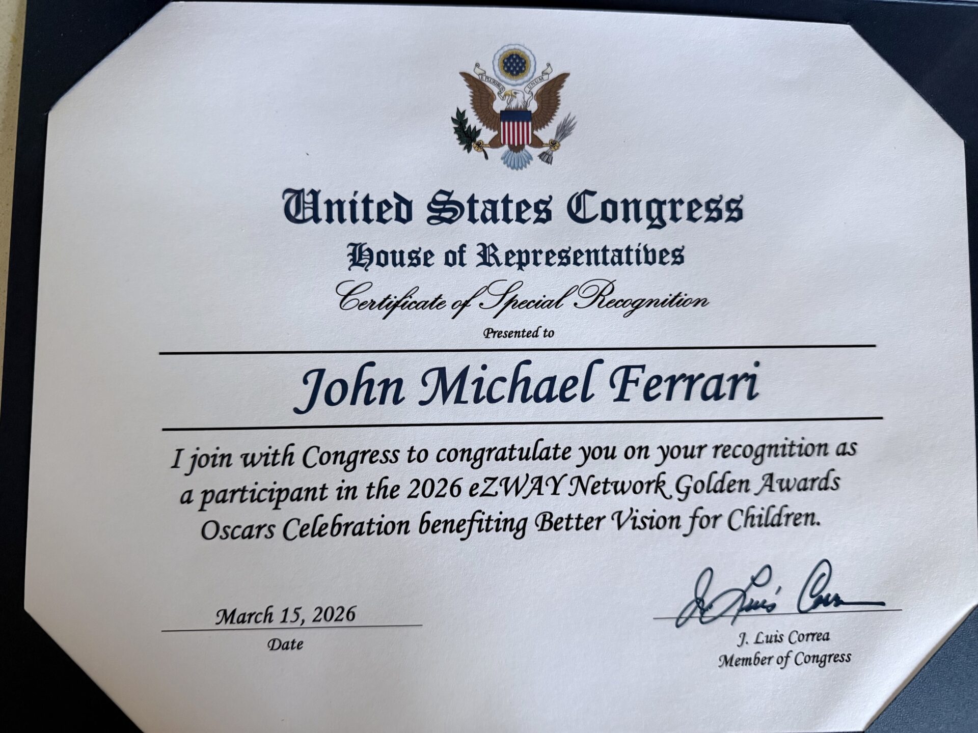United States Congress House of Representatives Certificate of Special Recognition
